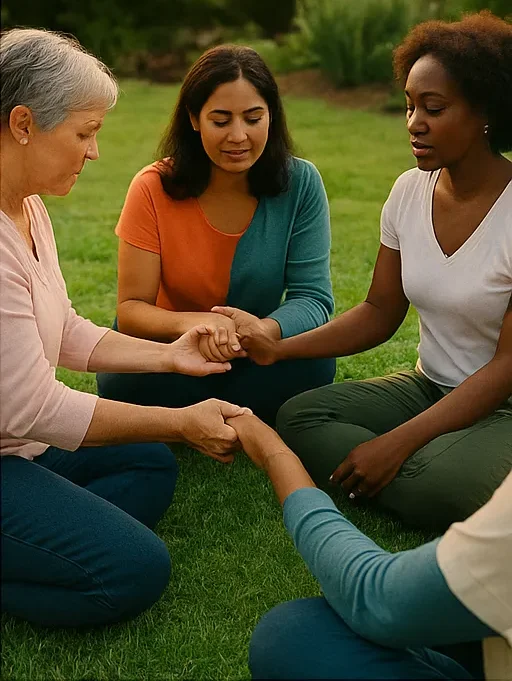 A diverse group of four women sit on grass, holding hands in a circle, fostering connection and support among each other A diverse group of four women sit on grass, holding hands in a circle, fostering connection and support among each other