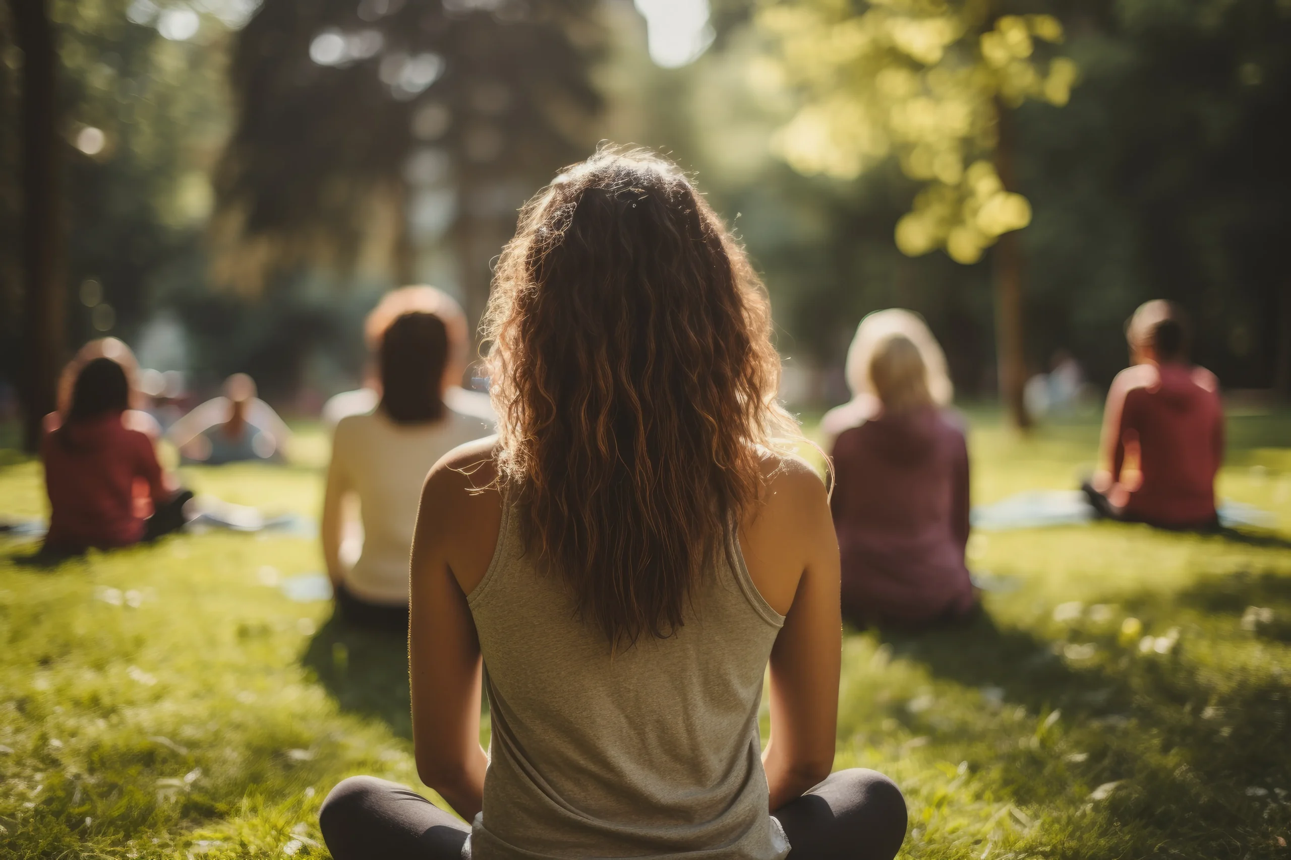 A group of people practicing meditation outdoors in a serene park, surrounded by green trees and soft sunlight A group of people practicing meditation outdoors in a serene park, surrounded by green trees and soft sunlight