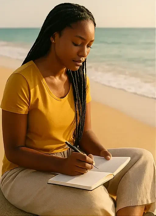 A person sits on a sandy beach with gentle waves in the background, writing in a notebook with a pen. The atmosphere is serene and reflective A person sits on a sandy beach with gentle waves in the background, writing in a notebook with a pen. The atmosphere is serene and reflective